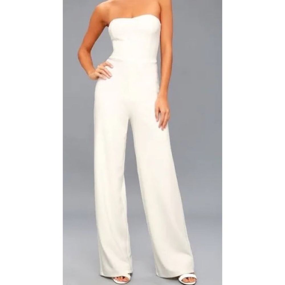 Lulu’s Edith Ivory Strapless Jumpsuit princess back zip wide leg high waist LG - Picture 2 of 3